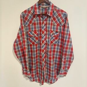 Vintage 80's Sears Western Wear Roebucks Snap Button Up Plaid Shirt Size Large